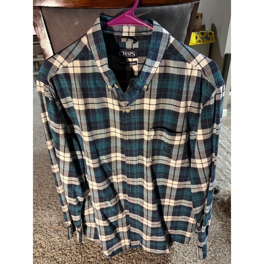 Chaps Mens Classic Oxford Plaid Button Down Shirt Teal Navy Large